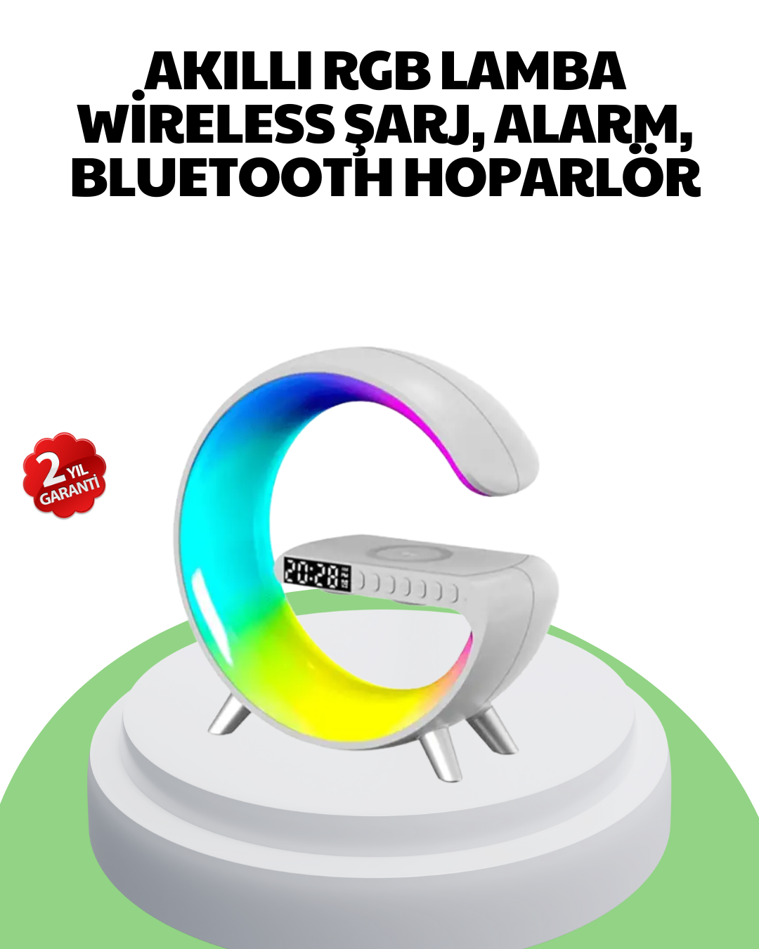 3-206 Bluetooth Hoparlörlü RGB Atmosfer Lambası Kablosuz Şarj ve Saat Özellikli - Vipsepet - Görsel 1