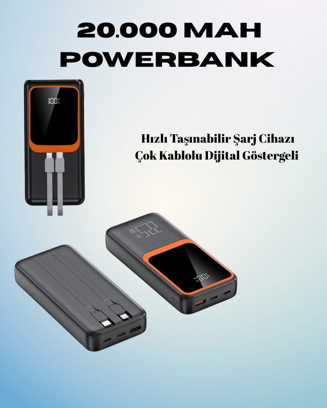 3-3 20000 mAh Powerbank | Çok Kablolu, Dijital Göstergeli, Yüksek Hızlı Şarj Cihazı - vipsepet - Görsel 1