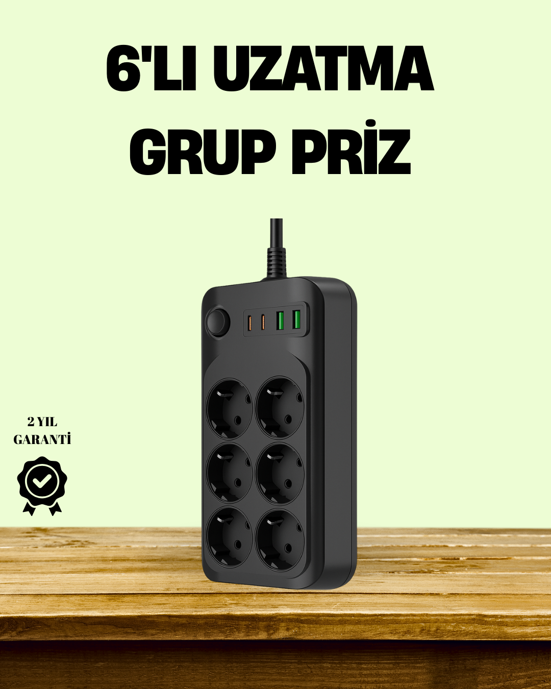 3-38 2500W Güçlü 6’lı Priz USB ve Type-C Çıkışlı Termal Korumalı - Vipsepet - Görsel 1