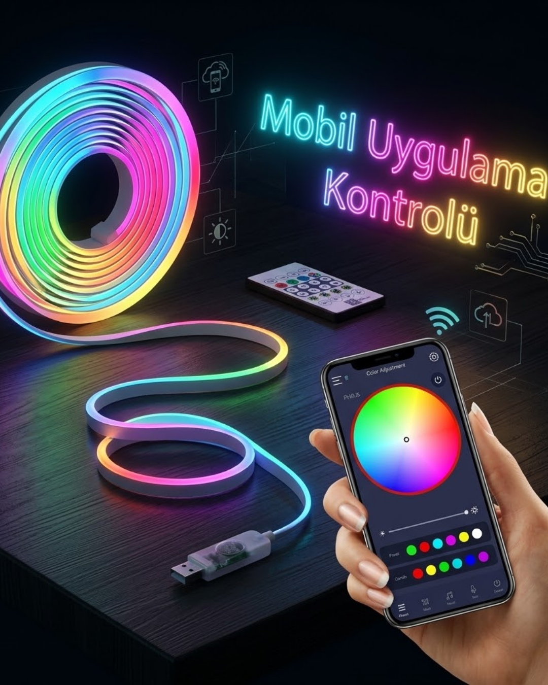 3-45 Akıllı RGB LED Neon Şerit Işık 3M USB Bağlantılı Uzaktan Kumanda ve Mobil Uygulama Kontrolü - Vipsepet - Görsel 1