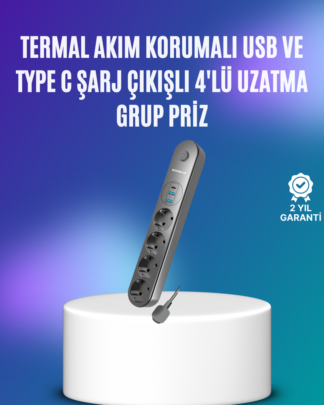 3-90 4’lü Çoklu Priz 2 USB Type-C Girişli Akım Korumalı Siyah - Vipsepet - Görsel 1