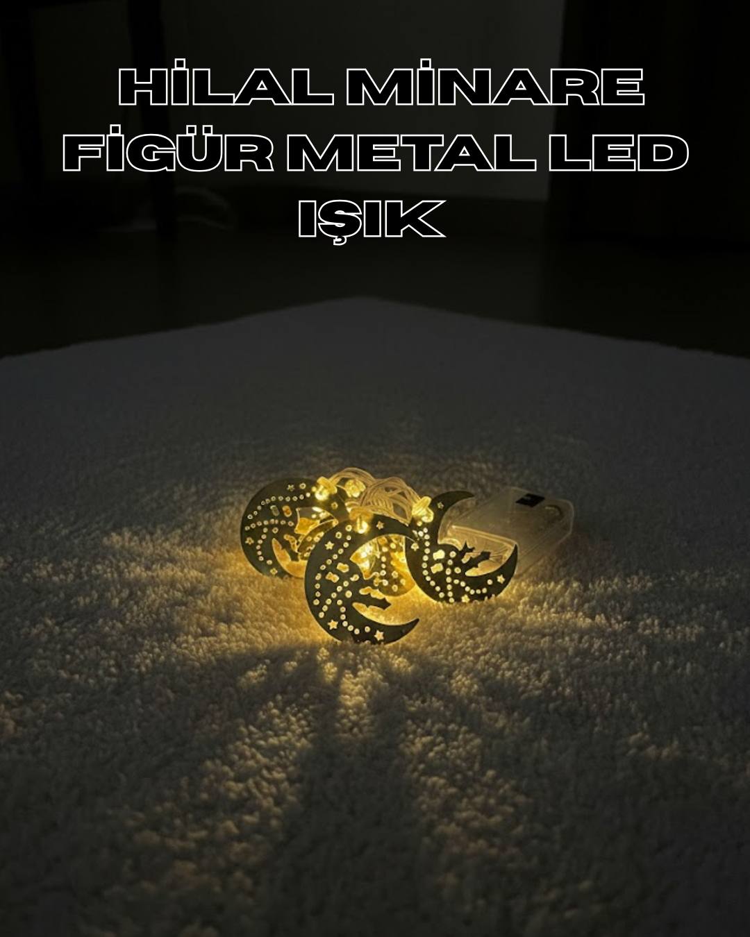 3-98 Gold Renk Metal Minareli Hilal LED Işık Pilli Ramazan Süsü - Vipsepet - Görsel 1