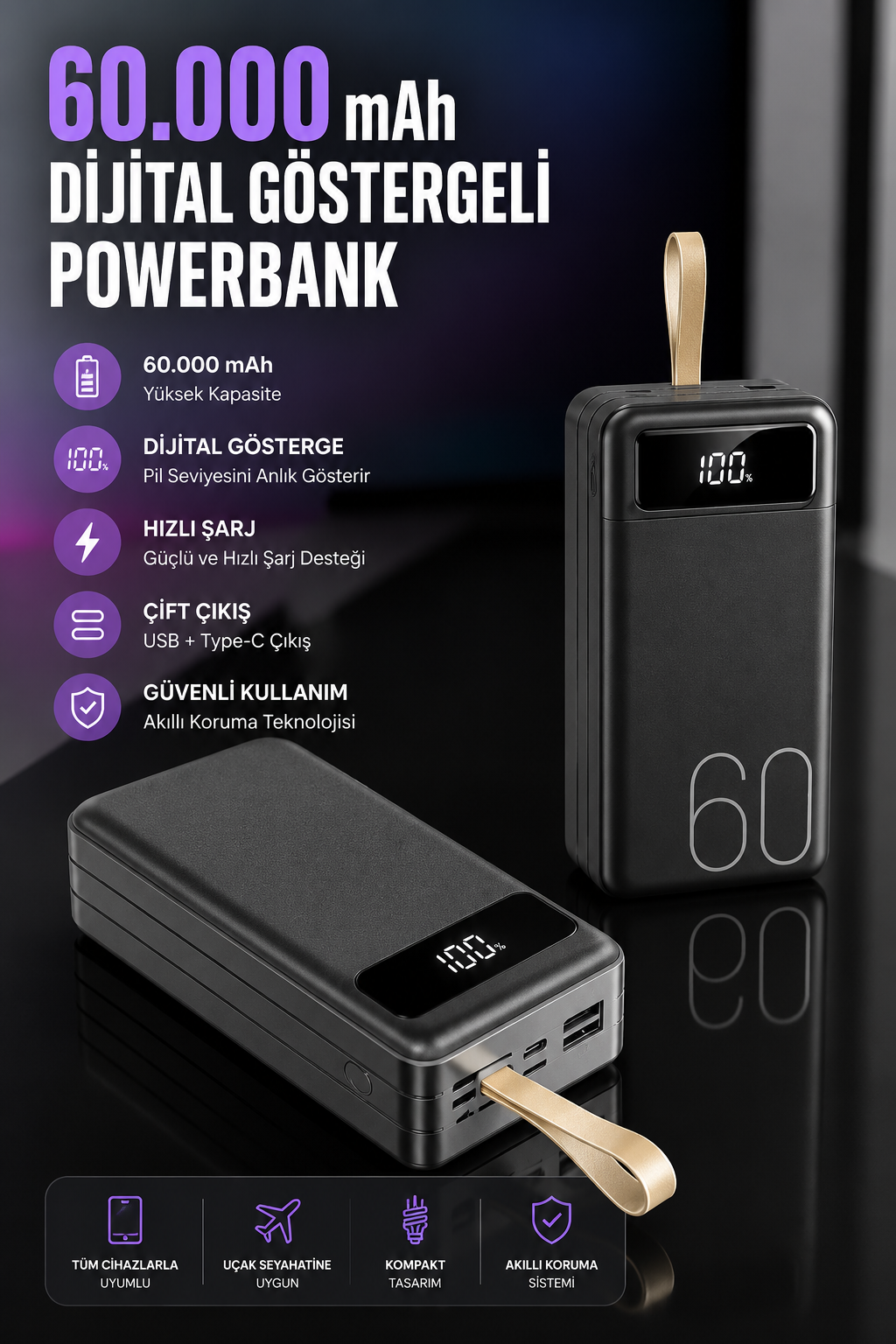 3226b9eb-1865-4e78-b988-dbfcde9989ff Powerbank 60.000 Mah Hızlı Şarj 4 Çıkışlı Uzun Şarj Süreli Dijital Göstergeli - vipsepet - Görsel 1