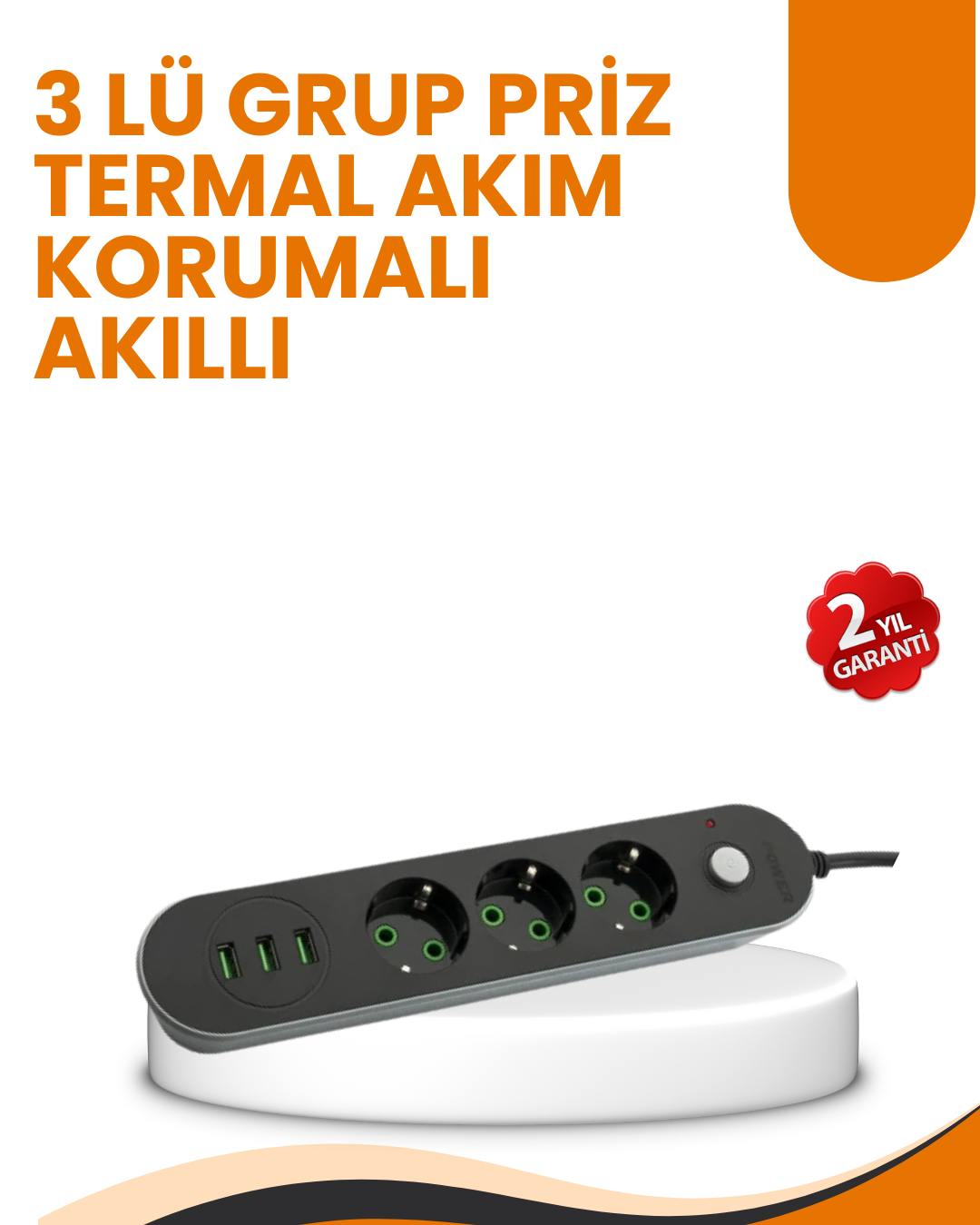 4-102 2 Metre Kablolu 3 USB Portlu Anahtarlı Üçlü Priz - Vipsepet - Görsel 1