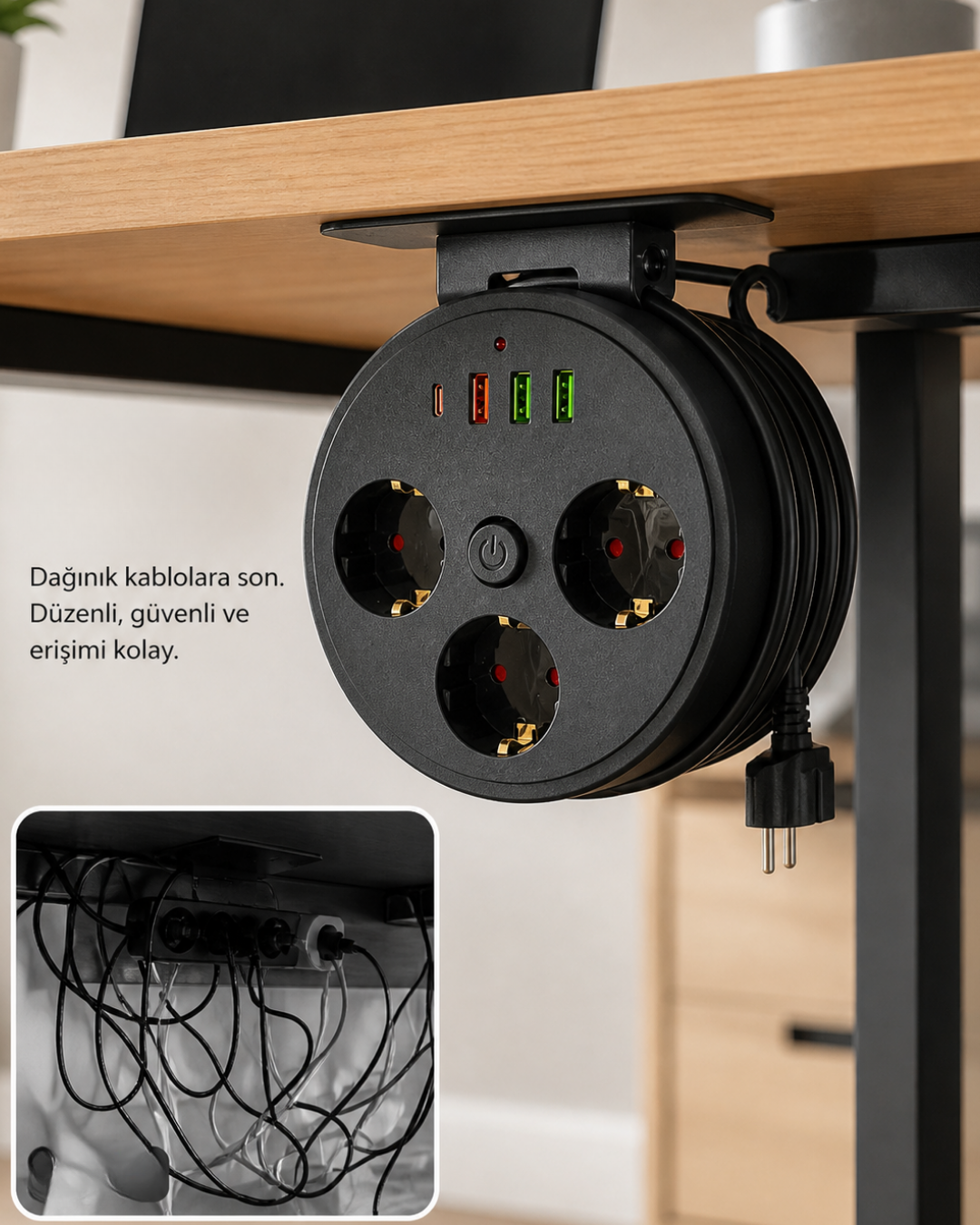 4-11 Akım Korumalı Priz USB ve Type C Girişli 3lü Priz 2 Metre Kablo Dayanıklı - Vipsepet - Görsel 1