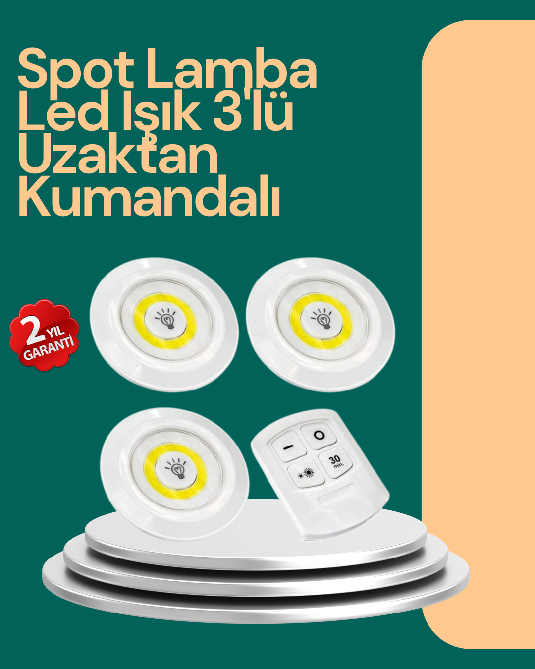 4-124 Uzaktan Kumanda İle Kontrol Edilebilen Yapışkanlı 3 Lü Kablosuz Led Spot Lamba - Vipsepet - Görsel 1