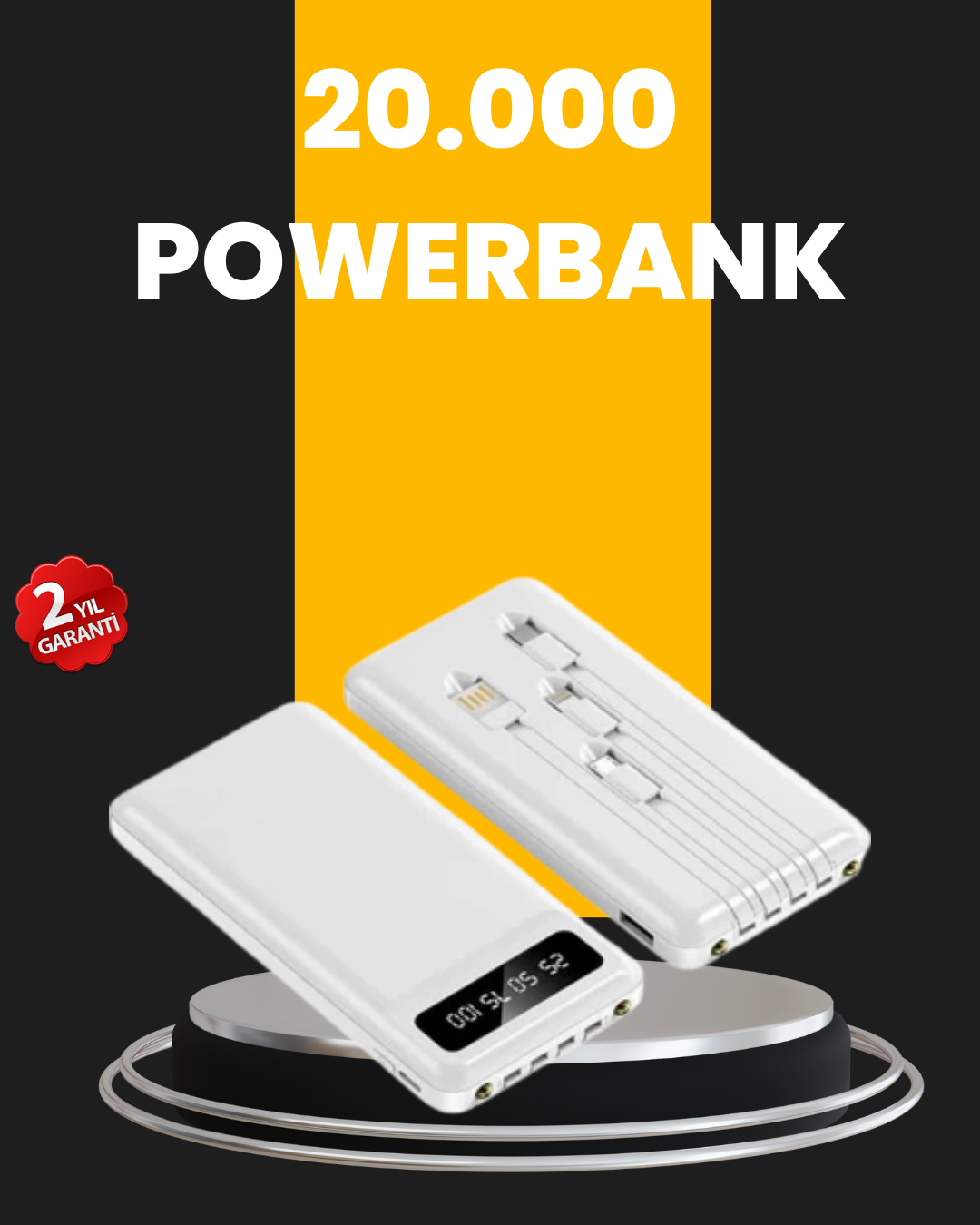 4-136 LED Işıklı 20.000mAh Powerbank LCD Gösterge Dahili Çoklu Kablo - vipsepet - Görsel 1