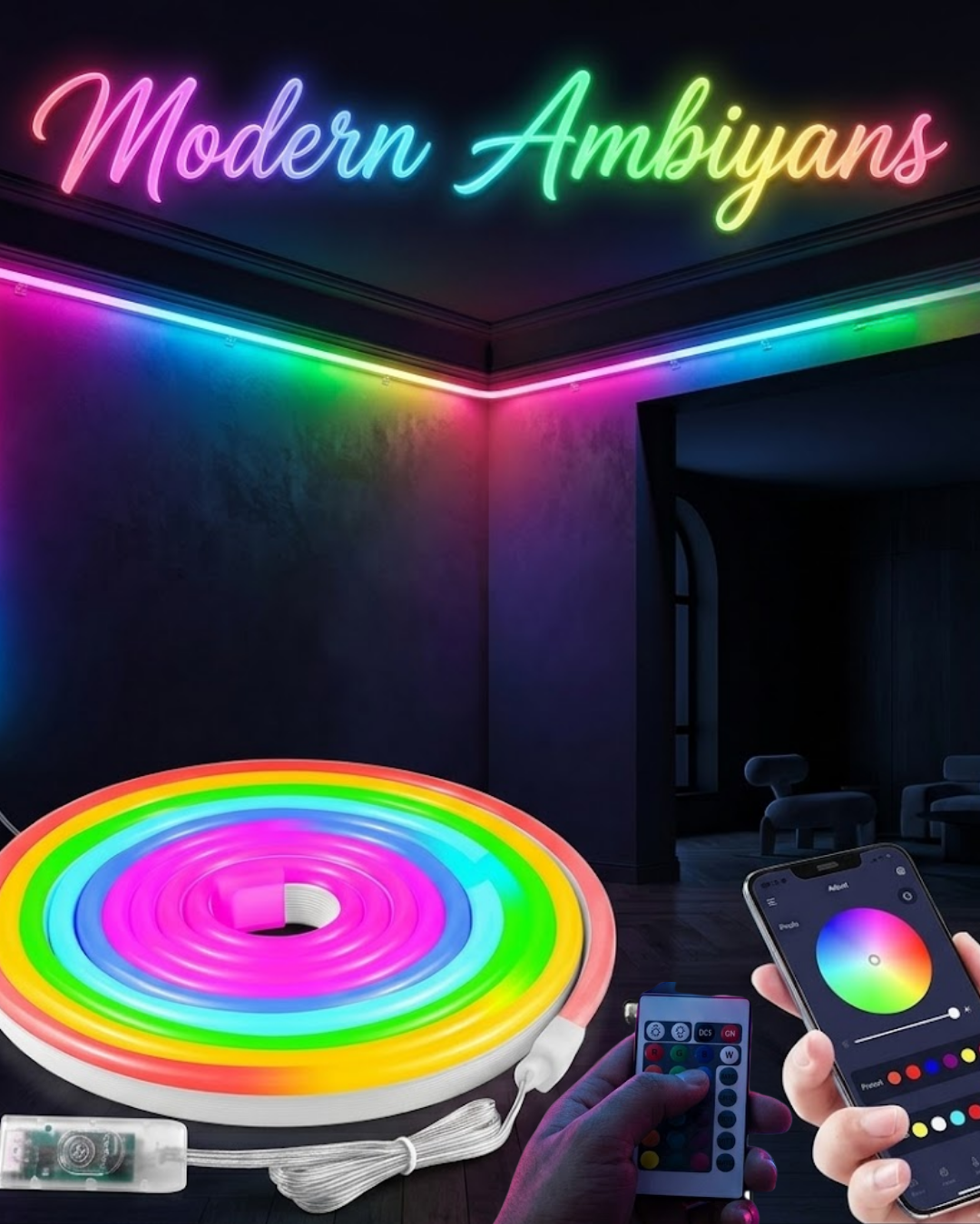 4-45 Dekoratif RGB LED Şerit Neon Işık 3 Metre Su Geçirmez Uzaktan Kumandalı Ortam Aydınlatması - Vipsepet - Görsel 1