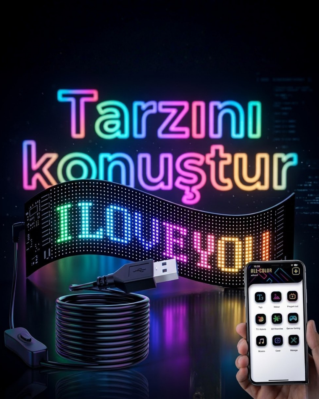 4-57 16x96 LED Yazı Paneli 60 cm Esnek RGB Işıklı Programlanabilir Ekran - Vipsepet - Görsel 1