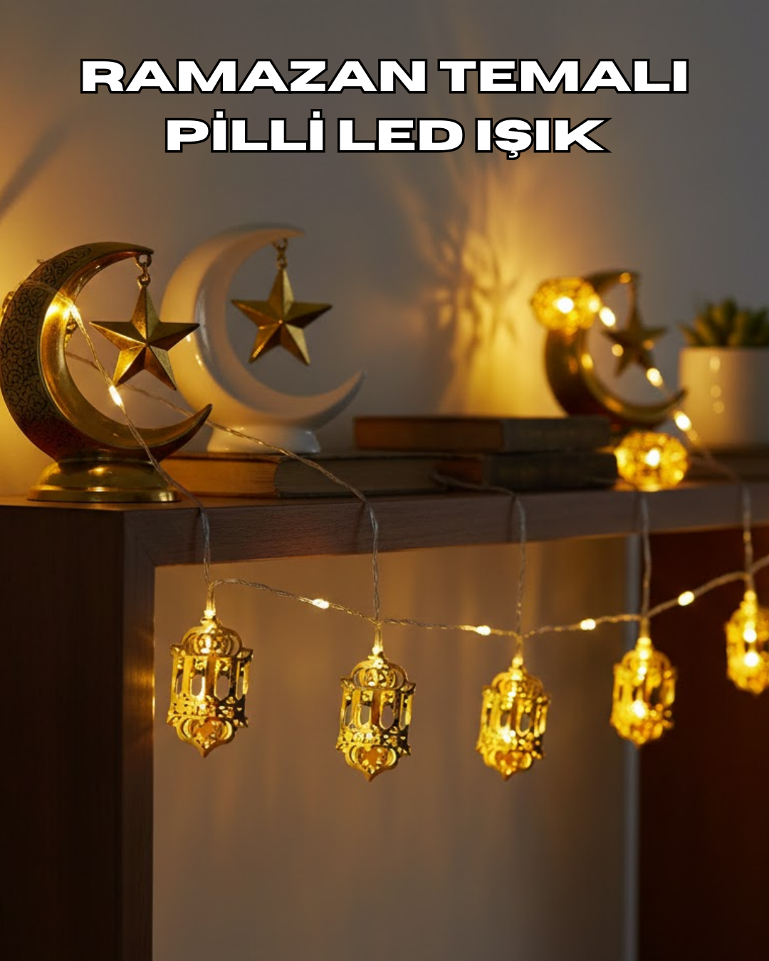 4-92 Ramazan Dekoru İçin Pilli LED Işık Altın Fener Tasarımlı - Vipsepet - Görsel 1