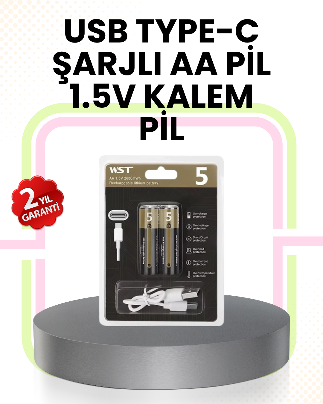 5-1 Tekrar Şarj Edilebilir AA USB Type-C Pil | 1000+ Döngü | 1.5V Sabit Voltaj - Vipsepet - Görsel 1