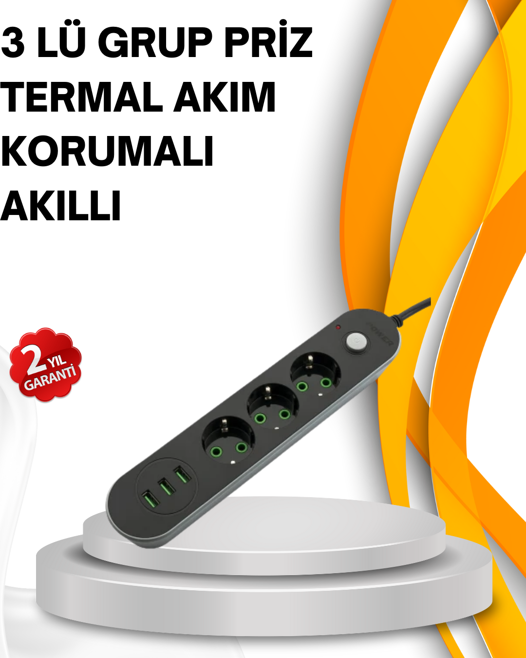 5-102 Hızlı Şarj Özellikli 3 USB Girişli Üçlü Priz - Vipsepet - Görsel 1