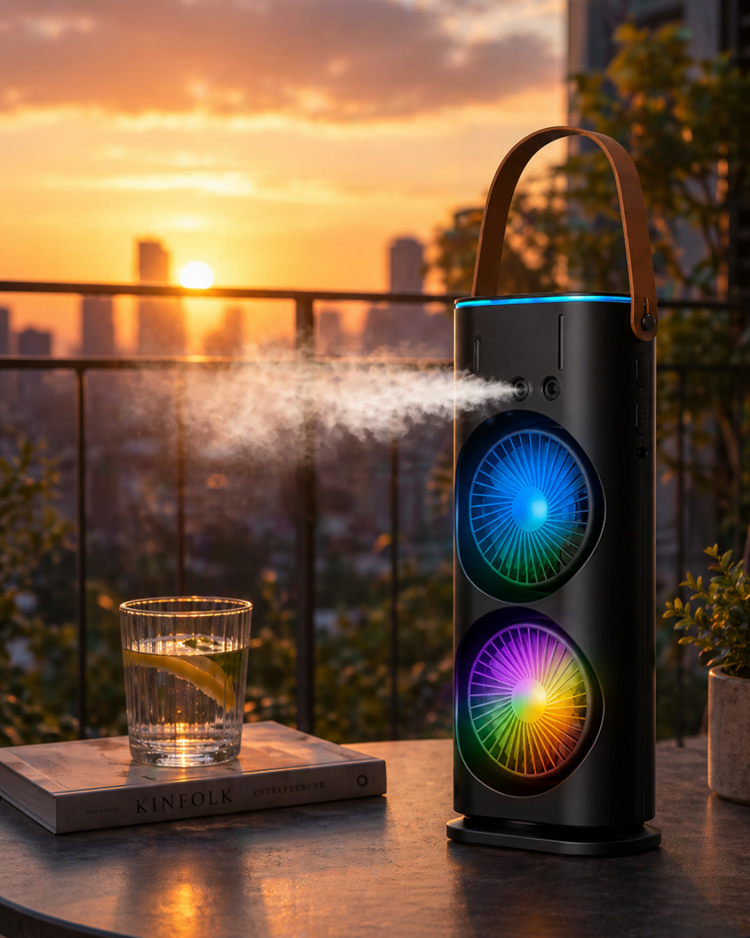 5-107 Şarjlı Buharlı Serinletici Fan RGB Işıklı Çift Pervaneli Masa Fanı - Vipsepet - Görsel 1