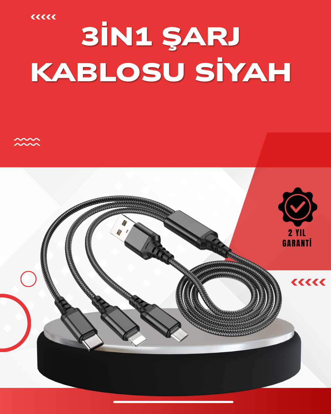 5-53 Dayanıklı Metal Başlıklı 3’ü 1 Arada Şarj Kablosu – Tüm Cihazlarla Uyumlu - Vipsepet - Görsel 1