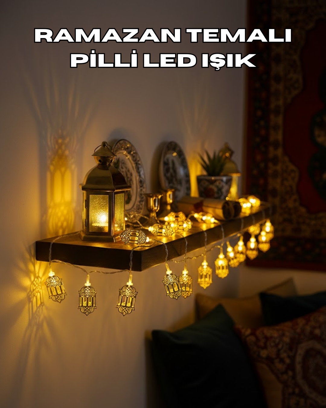 5-91 Pilli Altın Fenerli Ramazan Işıkları Dekoratif LED Zincir - Vipsepet - Görsel 1