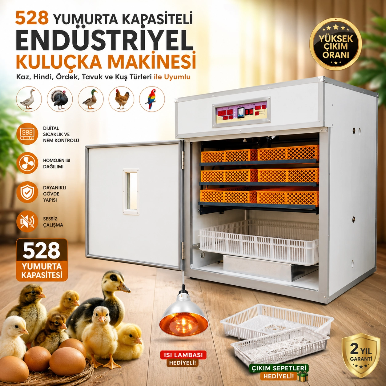 528-wz-86227021-sw1254sh1254 528 Yumurta Kapasiteli Endüstriyel Kuluçka Makinesi - 3 Çeşit Viyollu, Çıkım Sepetli + Isı Lambası Hediyeli ( Vipsepet ) - Görsel 1