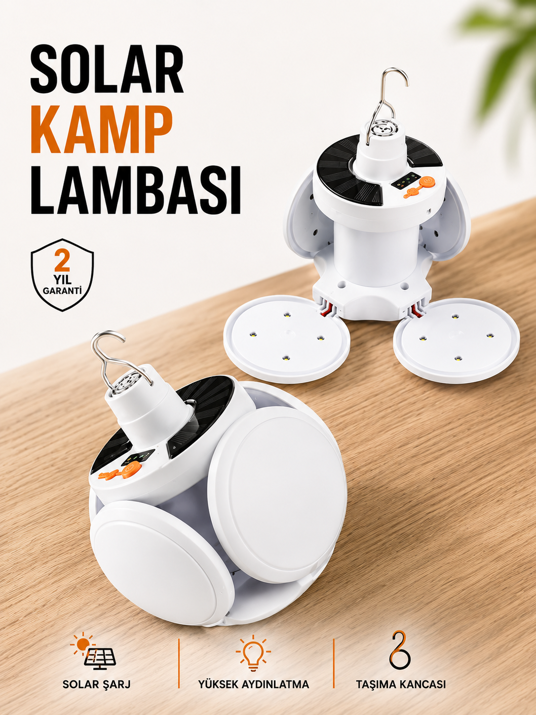 5cebaf53-ab15-4b26-be14-1ce99f8811ea Kamp Lambası Işıldak Beyaz Işık Güneş Enerjili Solar Aydınlatma 5 Kanatlı Katlanabilir - Vipsepet - Görsel 1