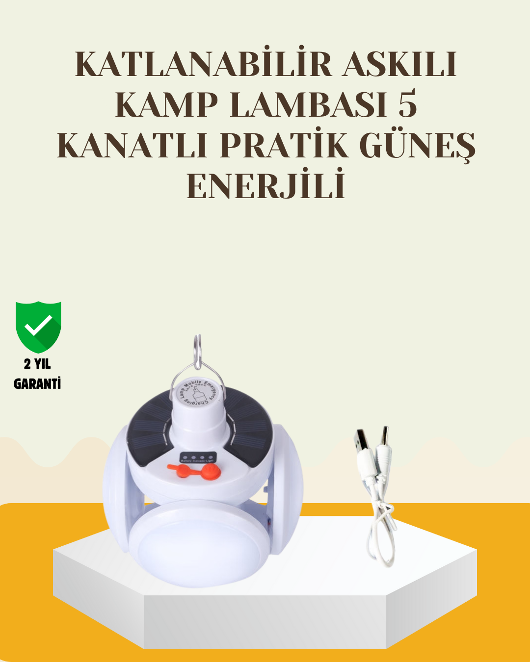 6-49 Güneş Paneliyle Şarj Olan Katlanabilir LED Çadır Lambası – 5 Kademeli Aydınlatma - Vipsepet - Görsel 1