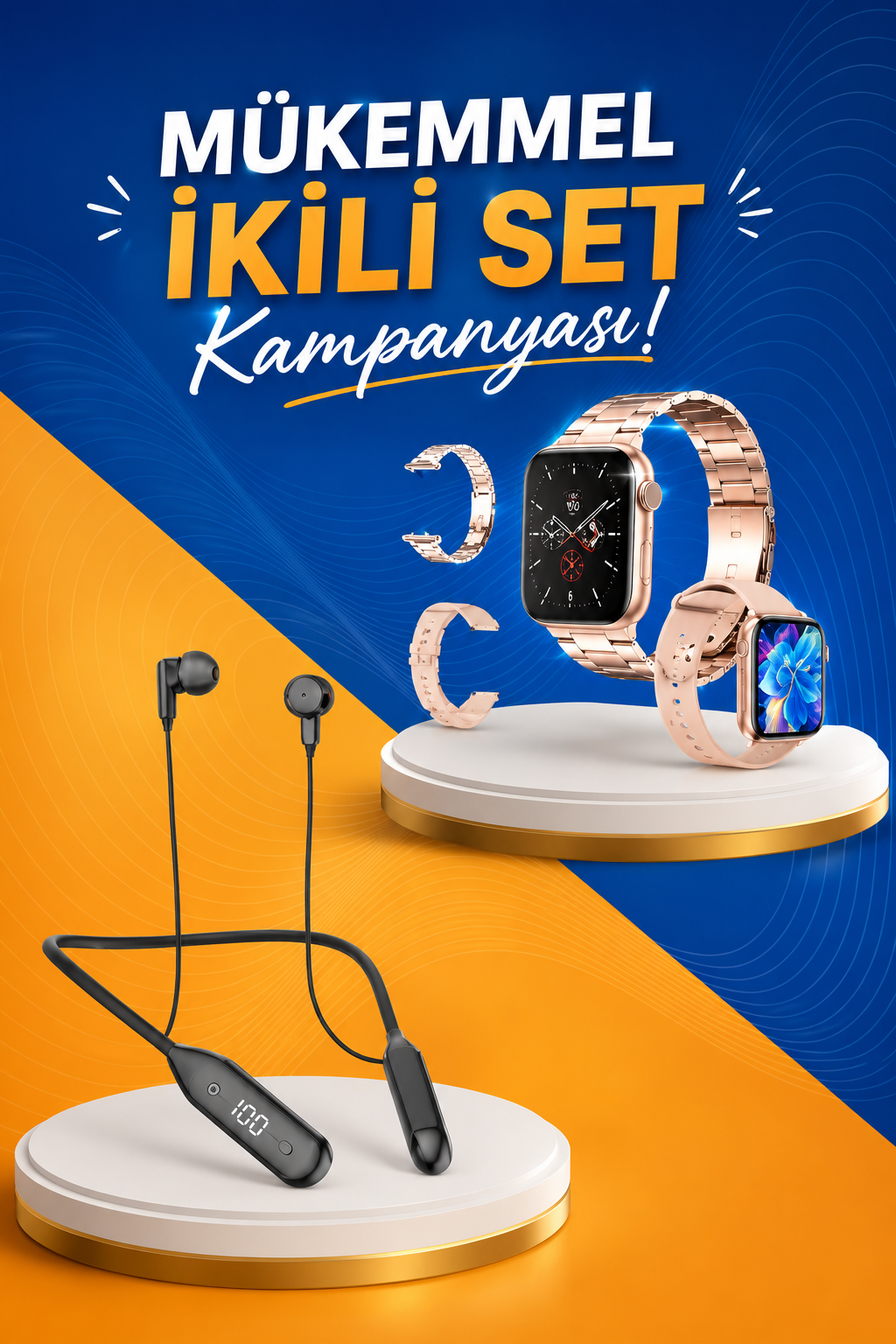 73f7fc63-1fce-4cc4-bb5f-55a4de3bb557 Kablolu Bluetooth Kulaklık ve Kadınlara Özel Bileklik Hediyeli Yeni Nesil Akıllı Saat 3 Kordonlu - vipsepet - Görsel 1