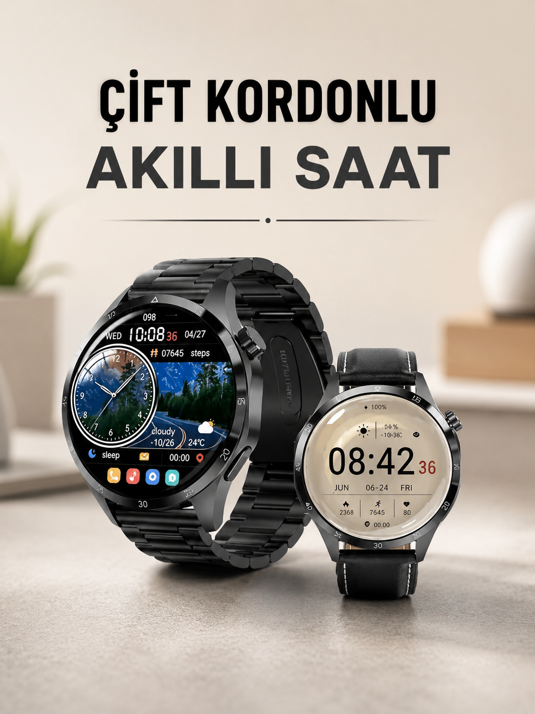 7c48c23e-7209-4395-8e40-2b865a5f6b7d Çift Kordonlu Yüksek Çözünürlüklü Akıllı Saat Uyku İzleyici Ve Spor Modları - Vipsepet - Görsel 1