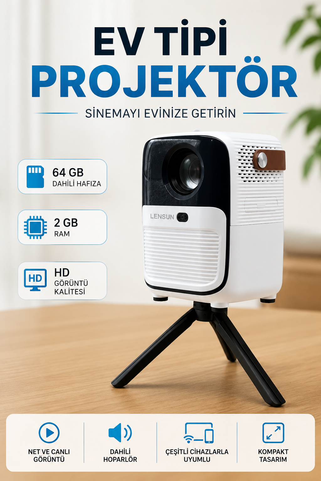 80a8ccb4-b429-486f-afb9-d3fedaa49e41 Projector Ev Tipi 64 Gb 2 Gb Rem Hafıza Hd Görüntü Kumandalı - Vipsepet - Görsel 1