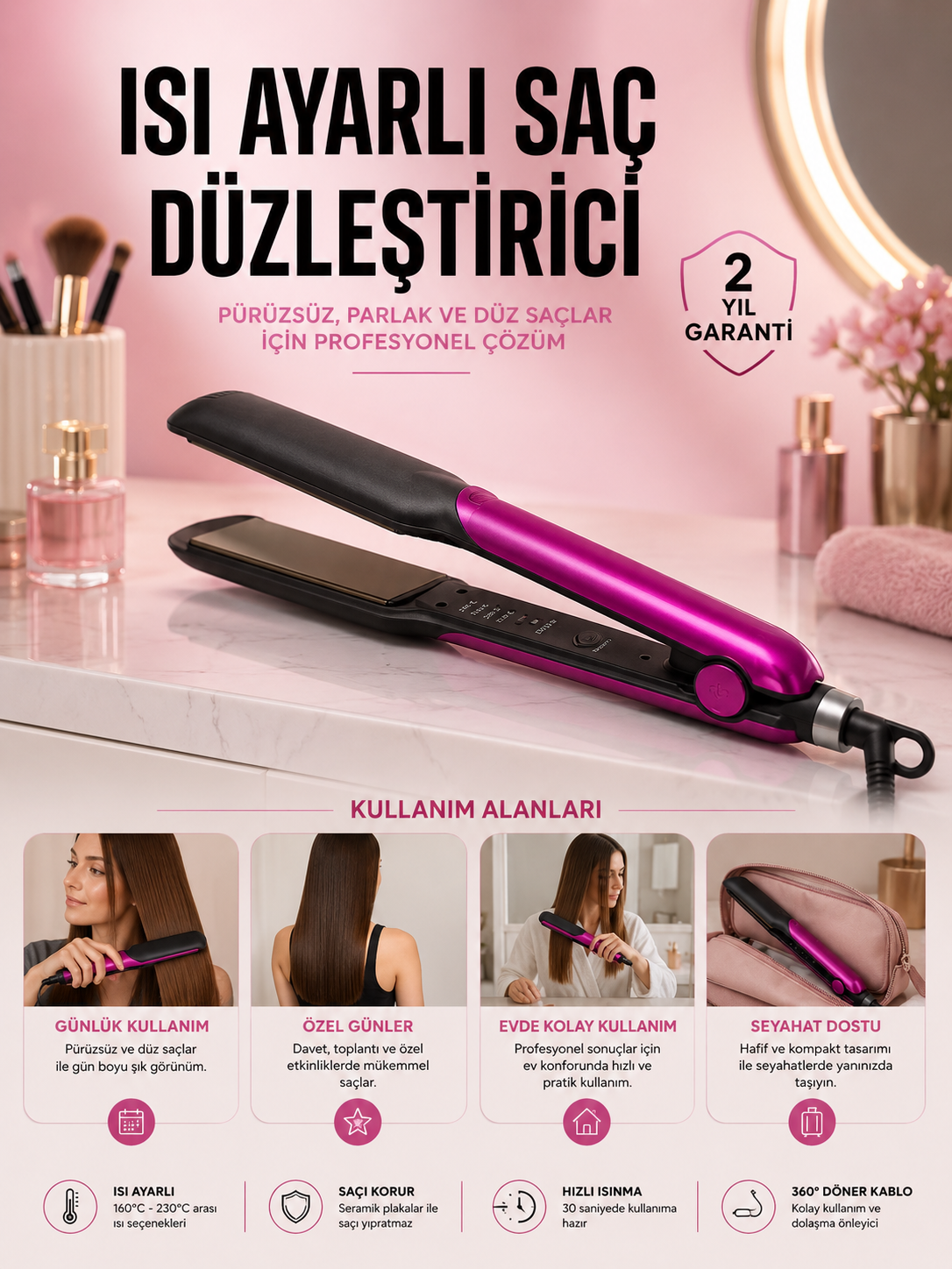 939b995d-25c0-4735-b43e-8c1e49d34fab Saç Düzleştirici Isı Ayarlı Seramik Kaplama Döner Kablo Yıpranma Karşıtı - Vipsepet - Görsel 1
