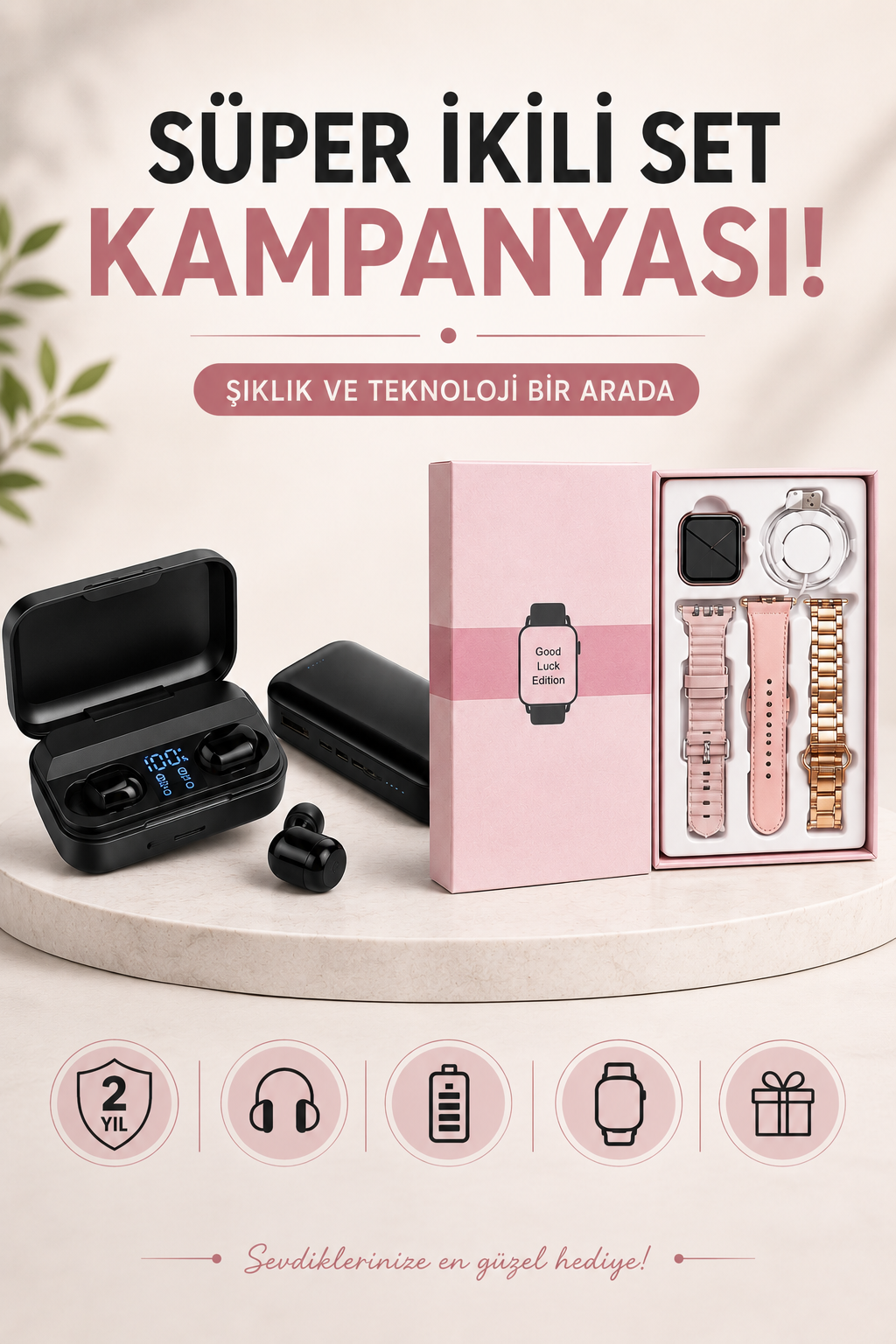 96520ee7-3547-451d-9bd5-f23f36ed8b51 Wireless Şarjlı Pembe Akıllı Saat ve Kablosuz Bluetooth Kulaklık Dokunmatik Kontrol - vipsepet - Görsel 1