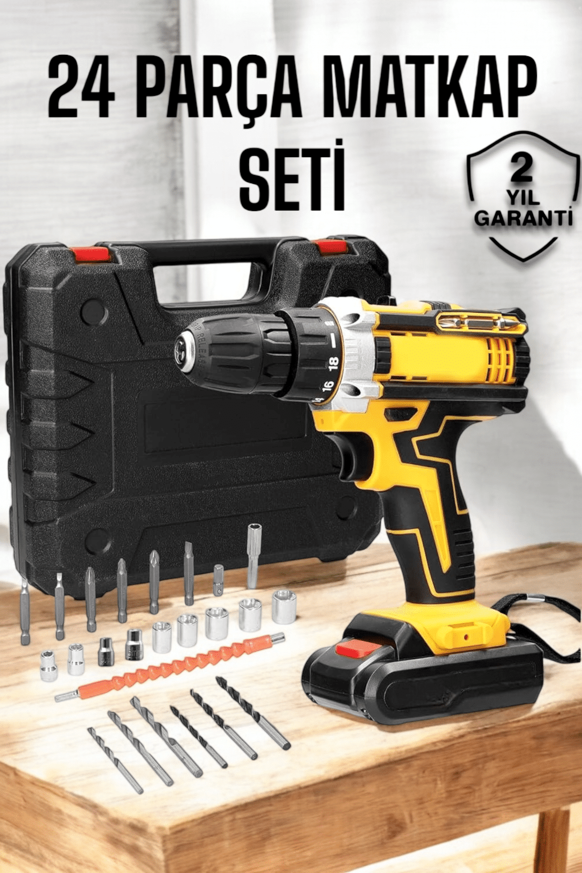 a1d570da-2bfe-422b-99f2-f24de2bbc79d-photoroom-1 Çift Bataryalı Metal Dişli Darbeli Şarjlı Matkap Seti 24W Güç ve 24 Parça Aksesuar - Vipsepet - Görsel 1
