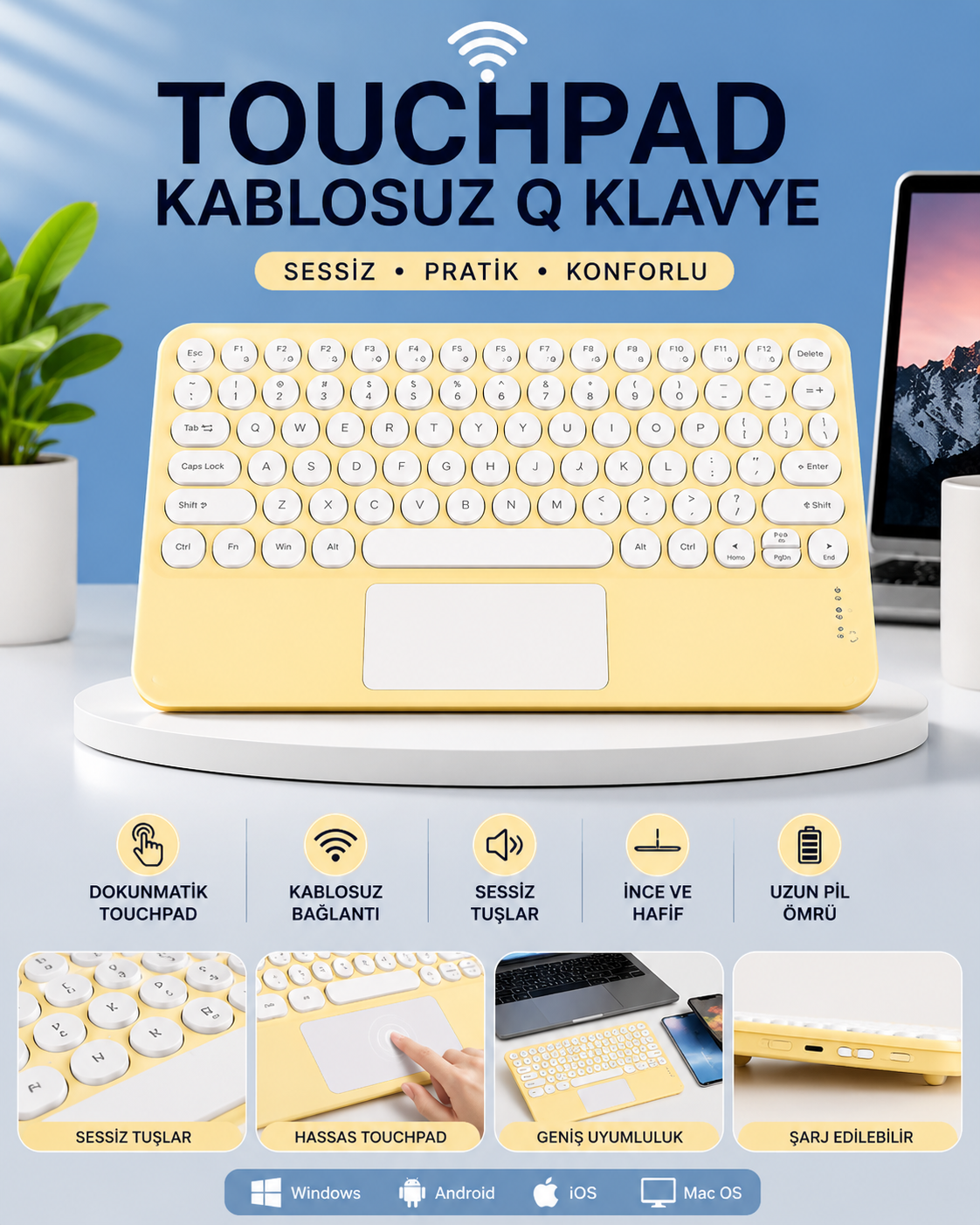 b2ffb778-42bb-4692-a713-74a7efdc2380 Touchpad Tüm Cihazlara Uyumlu Bluetooth Klavye Touchpad Slim Kablosuz Wifi Q Klavye - Vipsepet - Görsel 1