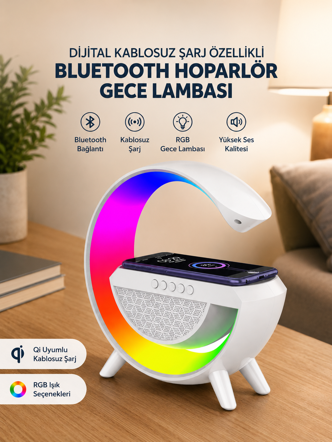 ce3281e4-5953-45db-bb51-7321cb5eb564 Google Dijital Kablosuz Şarj Özellikli Bluetooth Hoparlör Gece Lambası - Vipsepet - Görsel 1