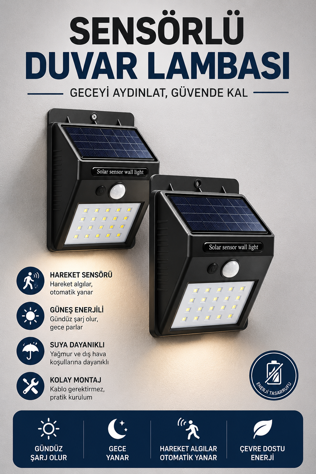 e4c012f7-9d93-4677-bb42-7c6b252f043b Solar Sensörlü Duvar Lambası Bahçe Lamba 20 Led Işık - Vipsepet - Görsel 1