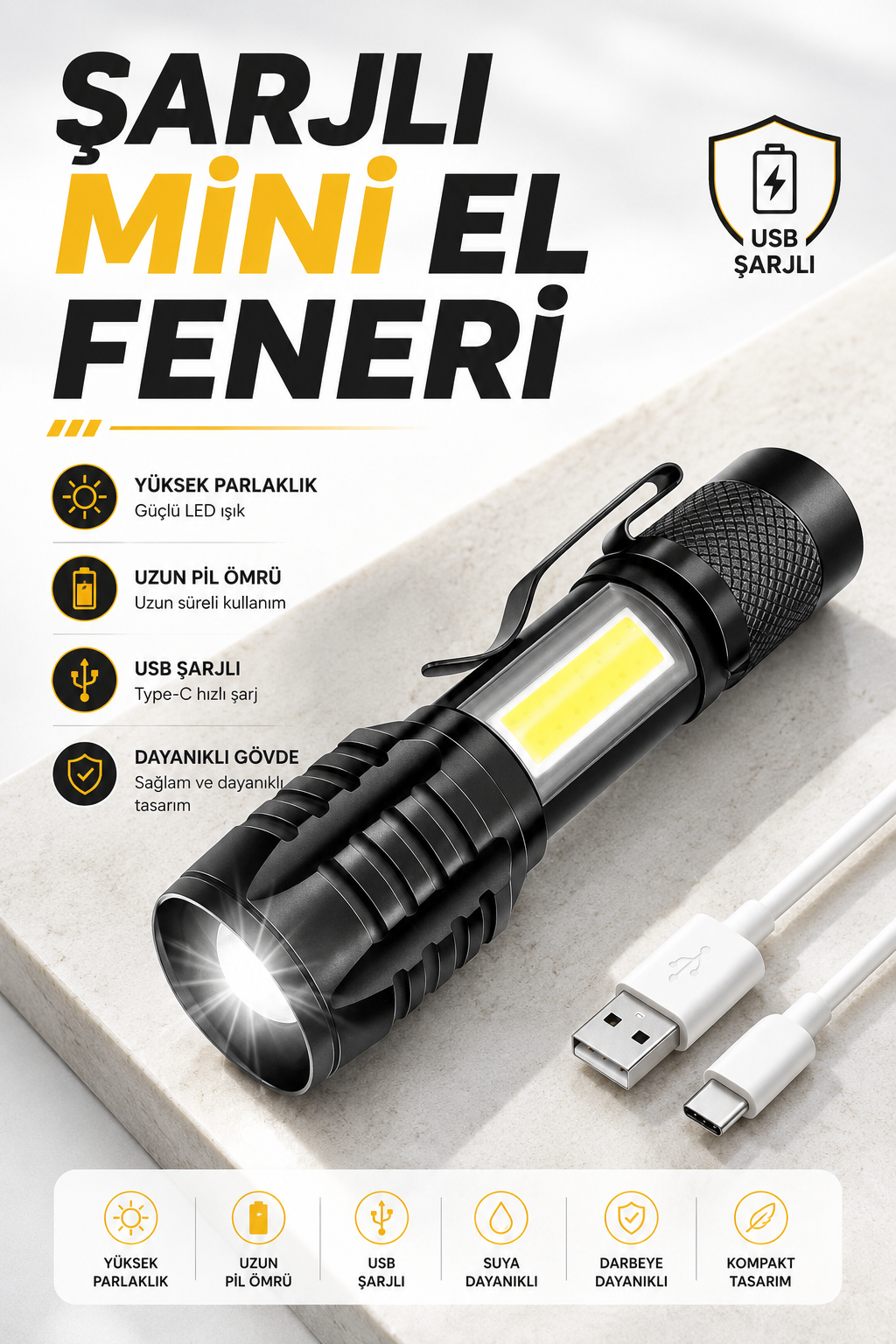 f152590c-0c7e-4ce6-a5c8-fc84ffa6a177 El Feneri Led USB Şarjlı Zoom Mini Led Işık Acil Durum Feneri - Vipsepet - Görsel 1