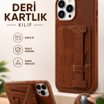 iPhone 13 Pro Max Uyumlu Deri Kartlıklı Standlı Kılıf Kahverengi