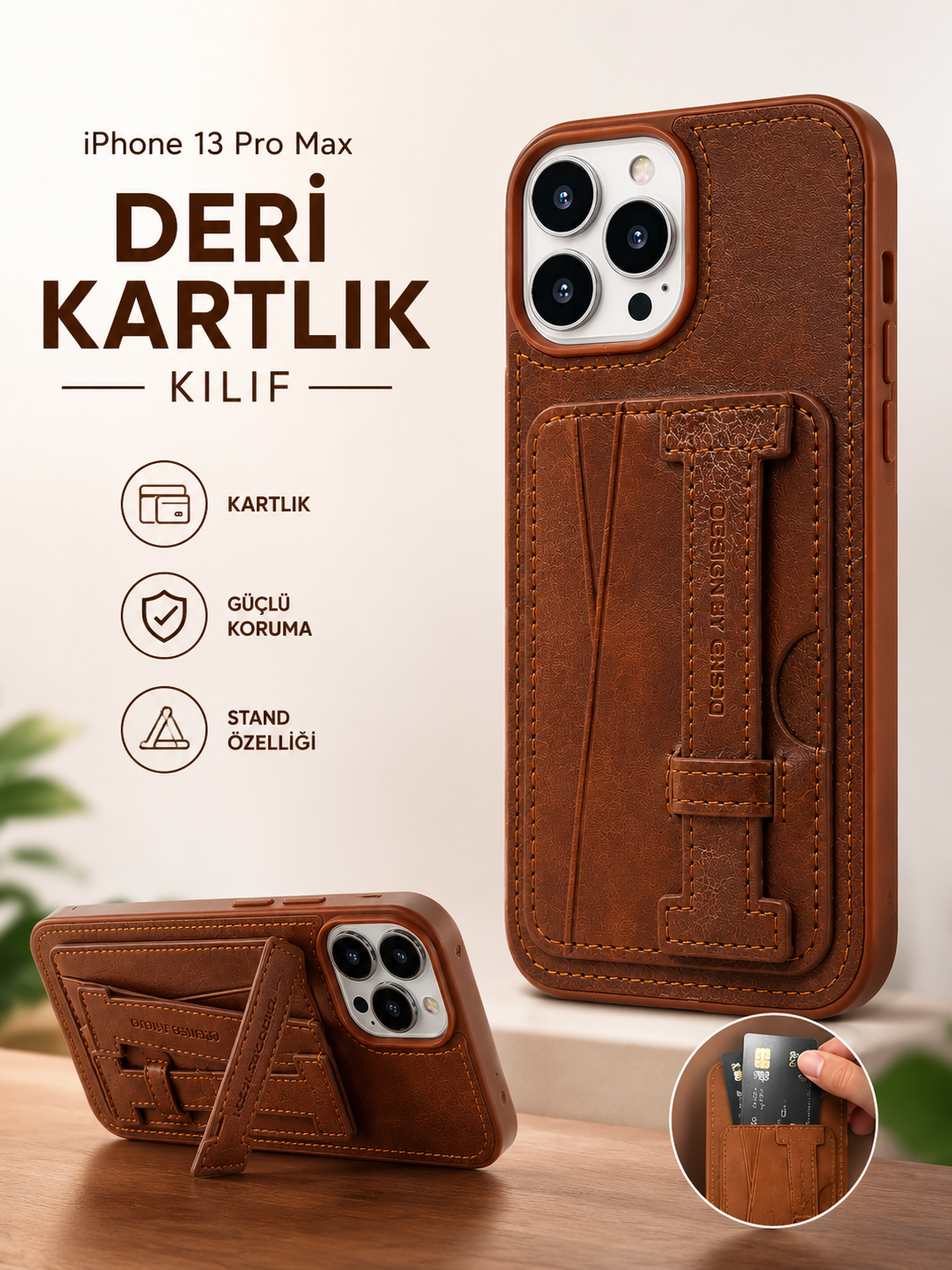 iphone13kahverengi2 iPhone 13 Pro Max Uyumlu Deri Kartlıklı Standlı Kılıf Kahverengi - Görsel 1