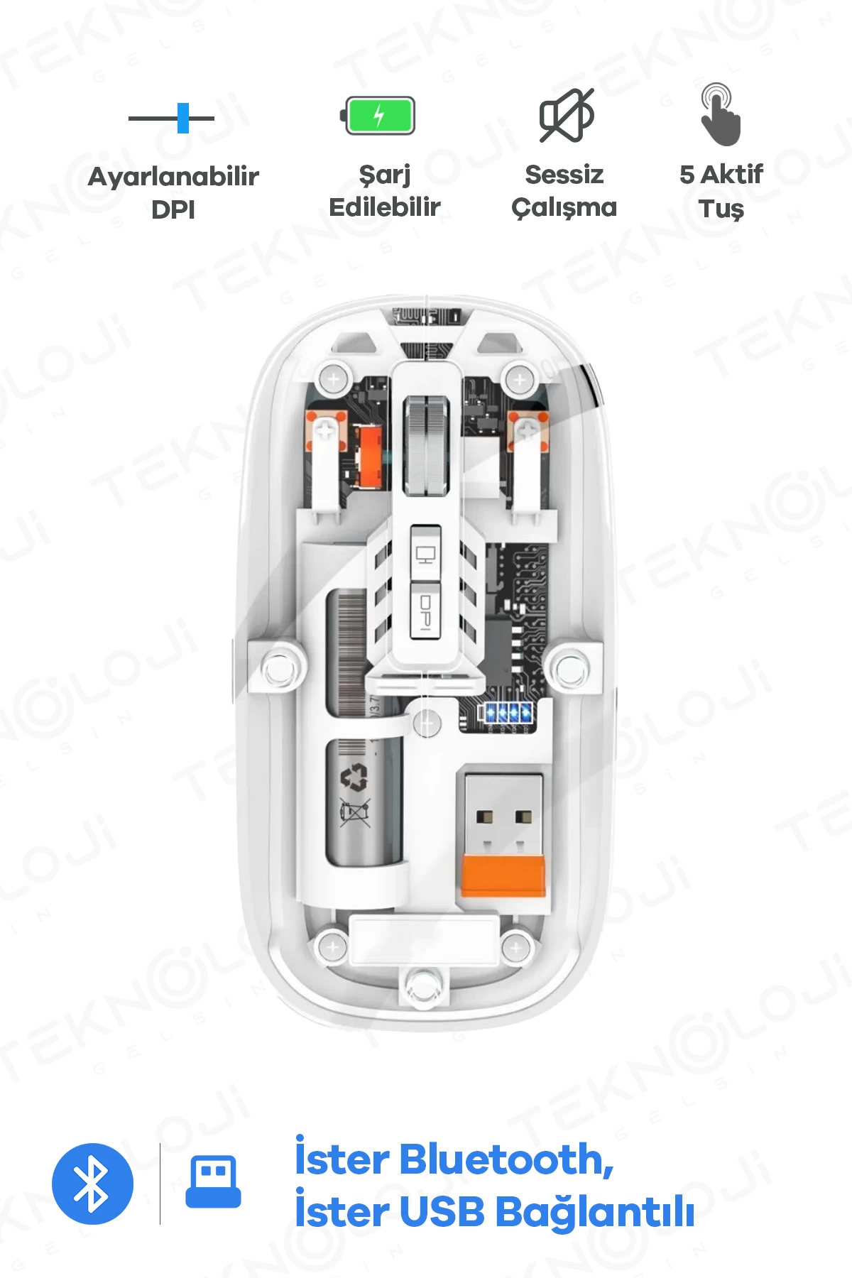 kablosuz-mouse-fare-sarjli-bluetooth-wireless-cift-modlu-sessiz-5-tuslu-seffaf-dpi-ko56286995-sw1200sh1800 Bluetooth USB Çift Modlu Sessiz Mouse, Şeffaf Mıknatıslı Kapaklı, Type-C Şarjlı, DPI Ayarlı, Kablosuz 10m Çekim Mesafeli, Masaüstü Kısayol Tuşlu, Taşınabilir Şarjlı Mouse Beyaz ( Vipsepet ) - Görsel 1