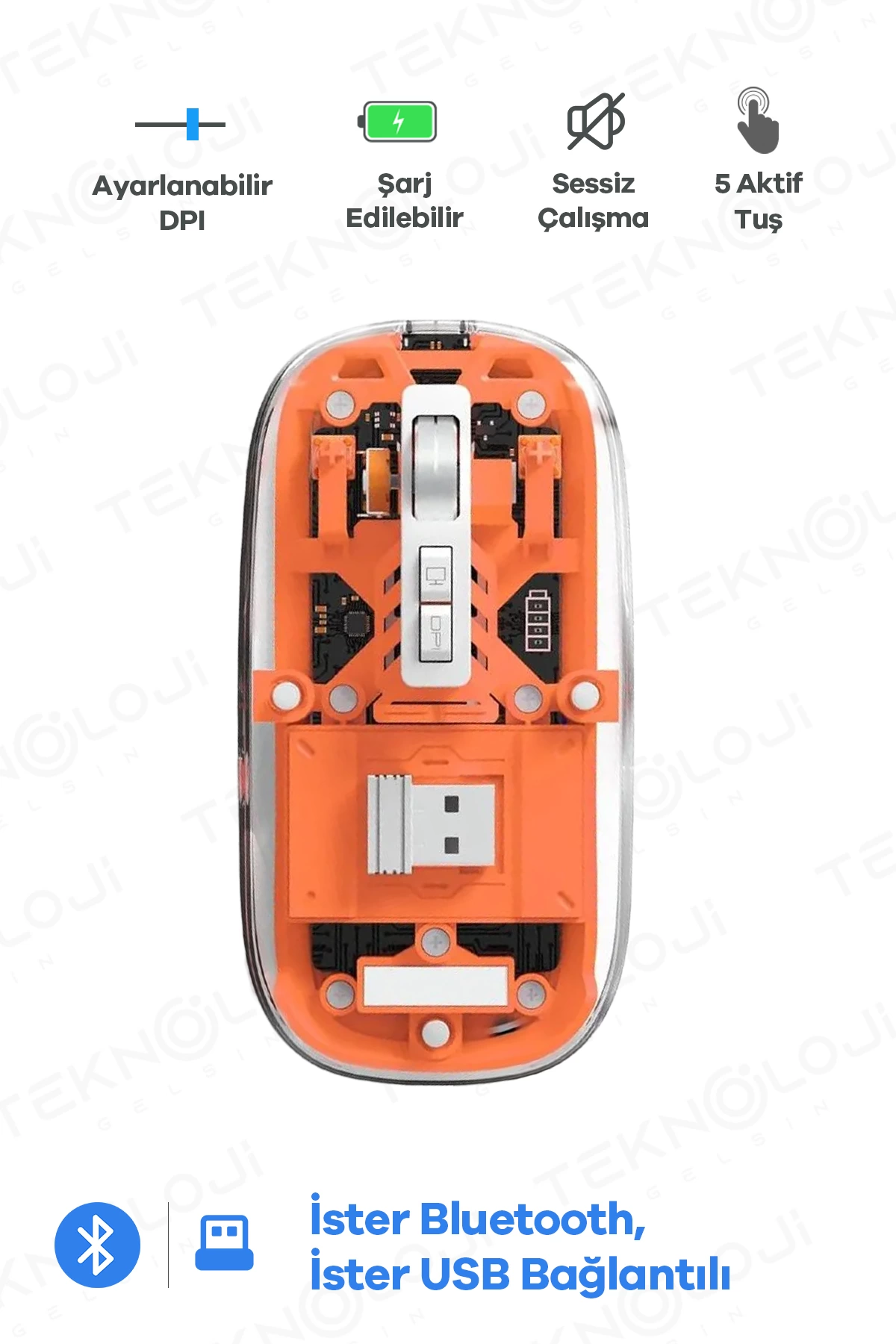 kablosuz-mouse-fare-sarjli-bluetooth-wireless-cift-modlu-sessiz-5-tuslu-seffaf-dpi-ko67901354-sw1200sh1800 Bluetooth USB Çift Modlu Sessiz Mouse, Şeffaf Mıknatıslı Kapaklı, Type-C Şarjlı, DPI Ayarlı, Kablosuz 10m Çekim Mesafeli, Masaüstü Kısayol Tuşlu, Taşınabilir Şarjlı Mouse Turuncu ( Vipsepet ) - Görsel 1
