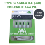 Usb Type-C ile Şarjolabilen 4 Adet AAA 1.5V Lityum Şarjlı Kalem Pil 750 mAH Uzun Ömürlü ( Vipsepet )