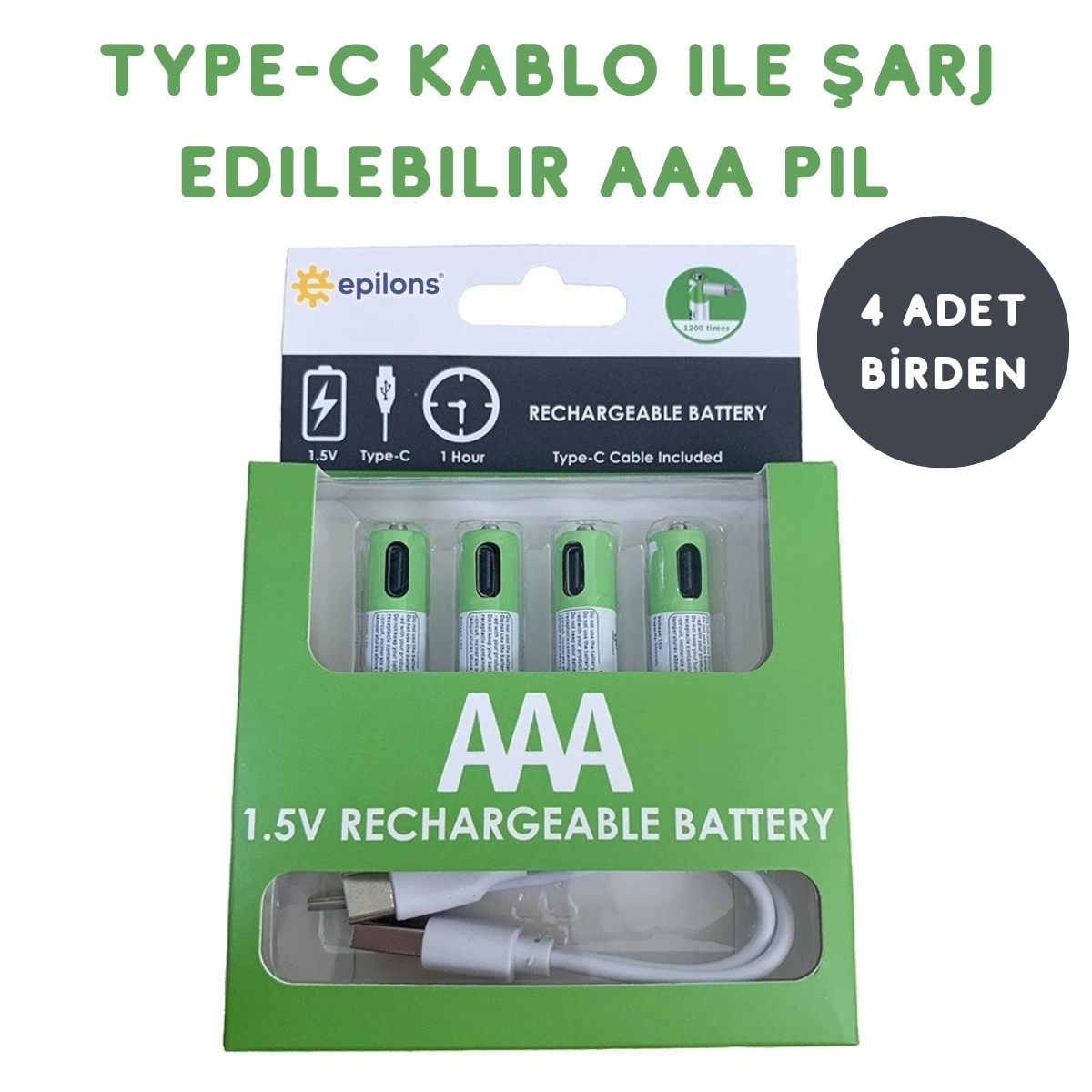 sarjli-pil-90757537-sw1200sh1200 Usb Type-C ile Şarjolabilen 4 Adet AAA 1.5V Lityum Şarjlı Kalem Pil 750 mAH Uzun Ömürlü ( Vipsepet ) - Görsel 1