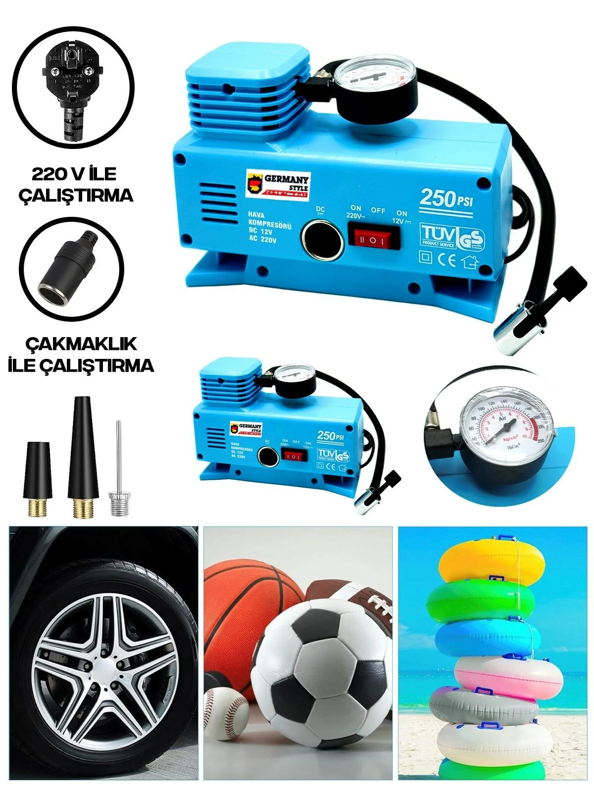 sega-san-hava-kompresoru-18371889-sw1200sh1600 220 Volt-12 Volt 250 Psi Geniş Uygulama Yelpazesi Kompresör Lastik Hava Şişirme Oto Pompası ( vipsepet ) - Görsel 1